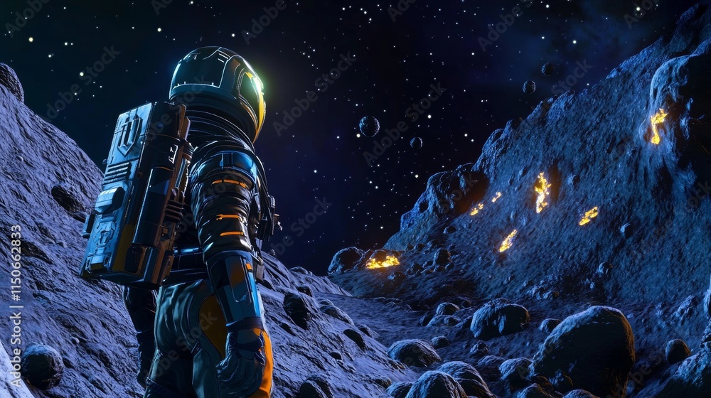 Fototapeta premium Astronaut on alien planet in far galaxy. Cosmonaut in suit and helmet explore outer space. Vector cartoon illustration of spaceman, cosmos and planet surface with rocks, cracks and glowing spots