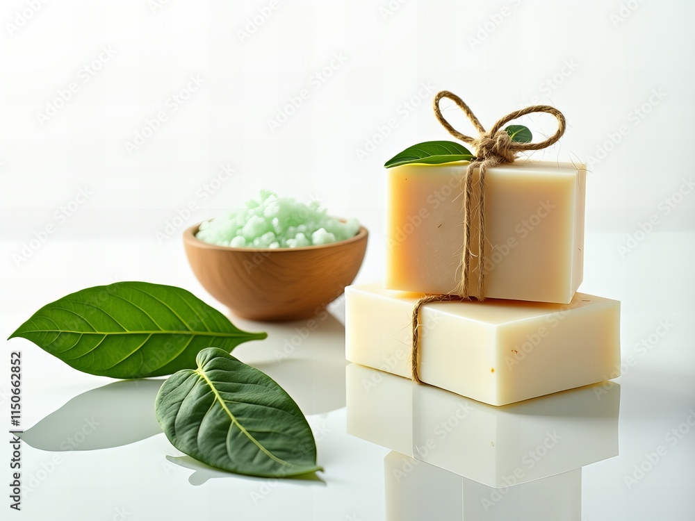 Obraz premium Ekologiczne mydła w kostce przewiązane sznurkiem, w towarzystwie zielonych liści i miski z solą do kąpieli, promujące dobre samopoczucie i naturę