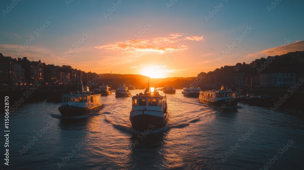 Fototapeta premium A stunning sunset over a peaceful harbor. Boats glide gracefully across the water. This tranquil scene invites reflection and inspiration. Generative AI.