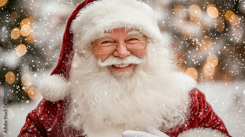 Santa Claus beaming with a wide smile, his rosy cheeks glowing, framed by the soft blur of a snowy night scene, with gently falling snowflakes and twinkling lights in the distance. photo