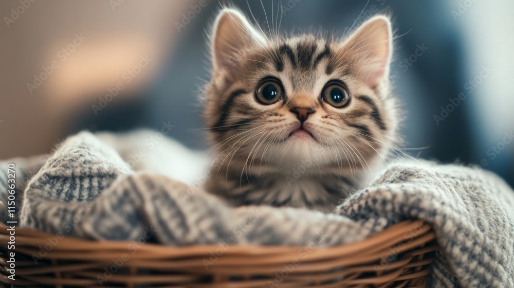 Adorable kitten with big eyes sitting in a cozy basket Adorable kitten with big eyes sitting in a cozy basket