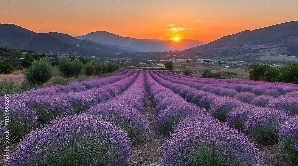 Naklejka premium Lavender Fields Sunset Mountain Landscape