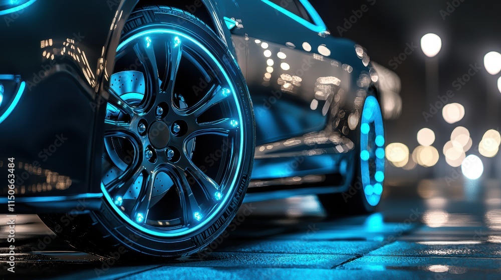 Illuminated electric car wheel on reflective surface Illuminated electric car wheel on reflective surface