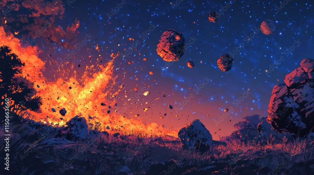 Galaxy, outer space background with planets and explosion with fire, smoke and flying stone debris. Vector cartoon fantastic illustration of blast in cosmos after catastrophe or collision Galaxy, outer space background with planets and explosion with fire, smoke and flying stone debris. Vector cartoon fantastic illustration of blast in cosmos after catastrophe or collision