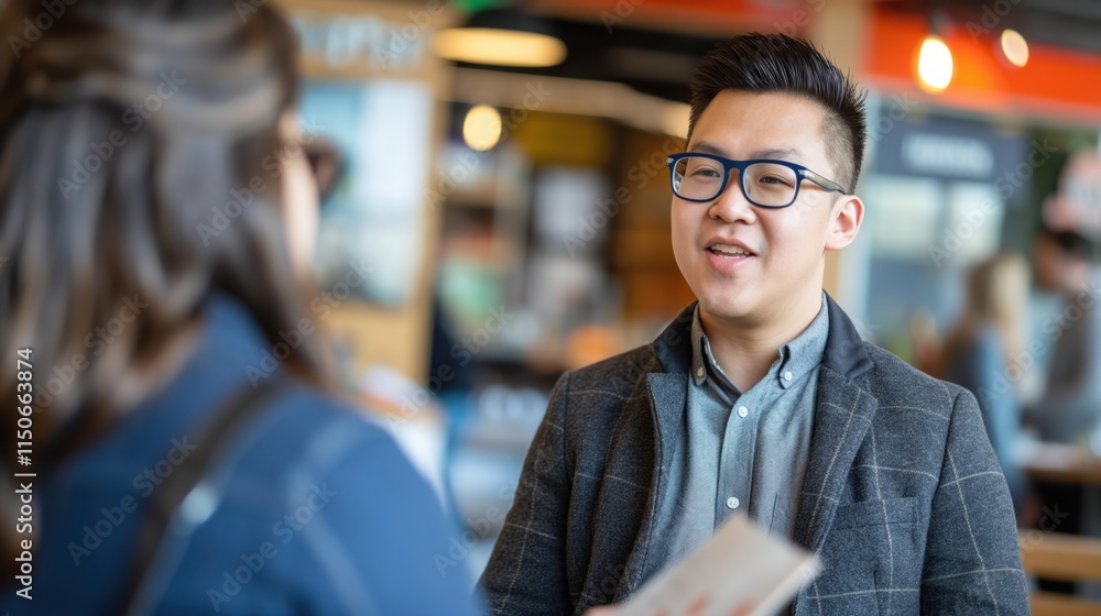 Fototapeta premium An East Asian man engages enthusiastically in a business conversation in a modern setting