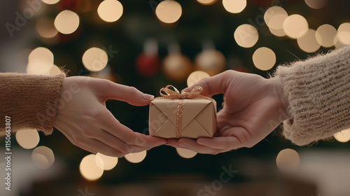 A close-up of two hands exchanging a small, perfectly wrapped gift, with the blurred backdrop of a sparkling Christmas tree and soft bokeh lights in gold and red, capturing the ess photo