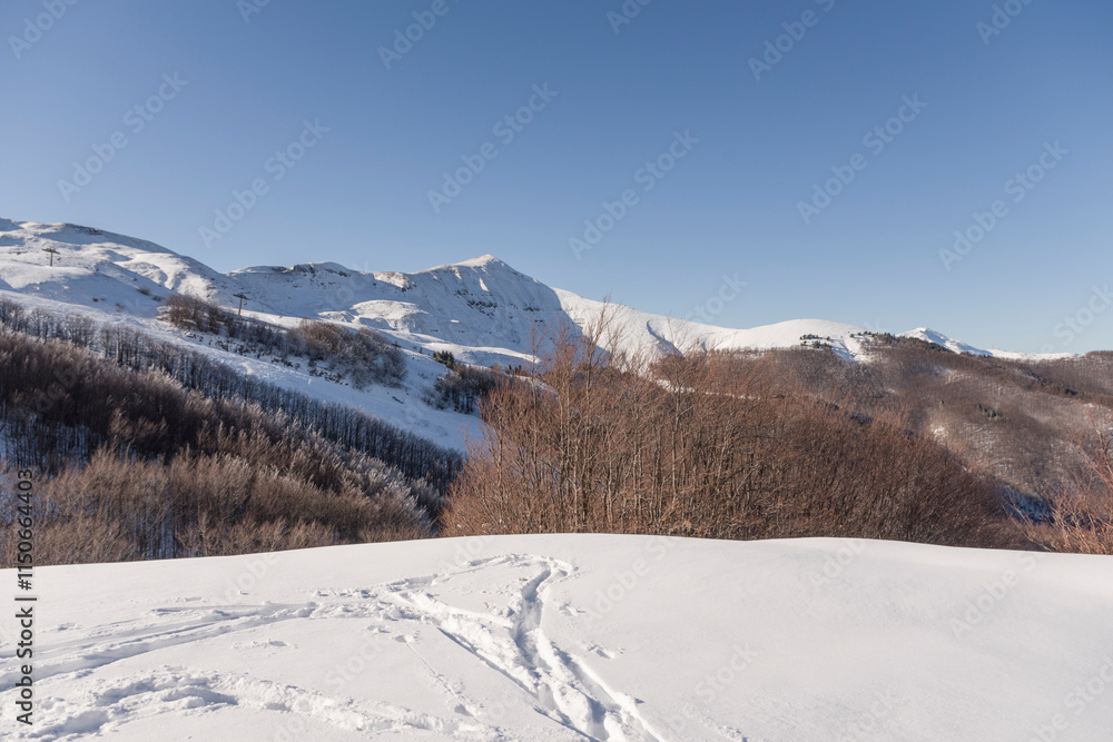 Fototapeta premium Paessaggi dell'Appennino bolognese innevato a dicembre