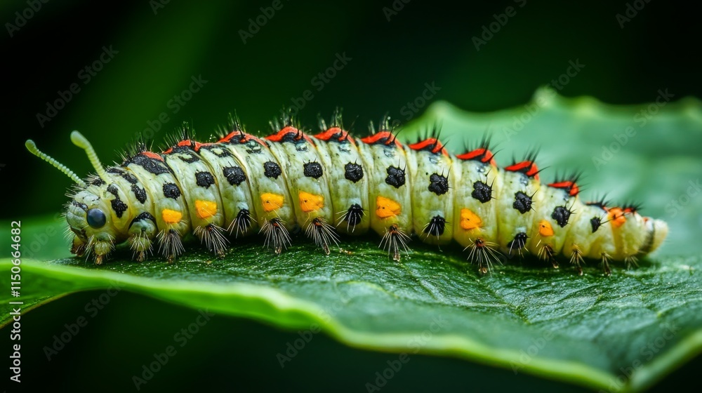 Colorful Caterpillar Crawling on Green Leaf in Natural Habitat