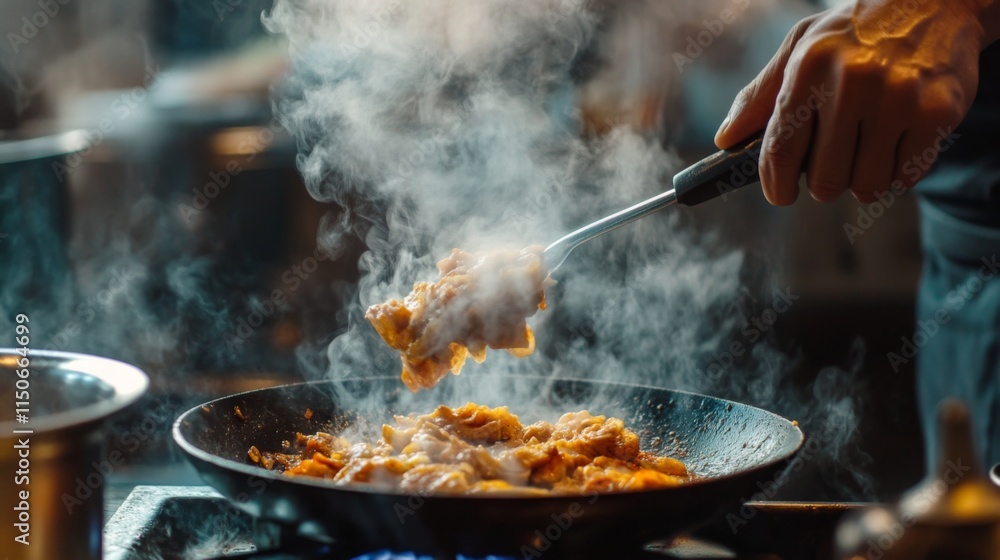 Chef Cooking Delicious Meal in a Hot Frying Pan with Steam Rising Chef Cooking Delicious Meal in a Hot Frying Pan with Steam Rising