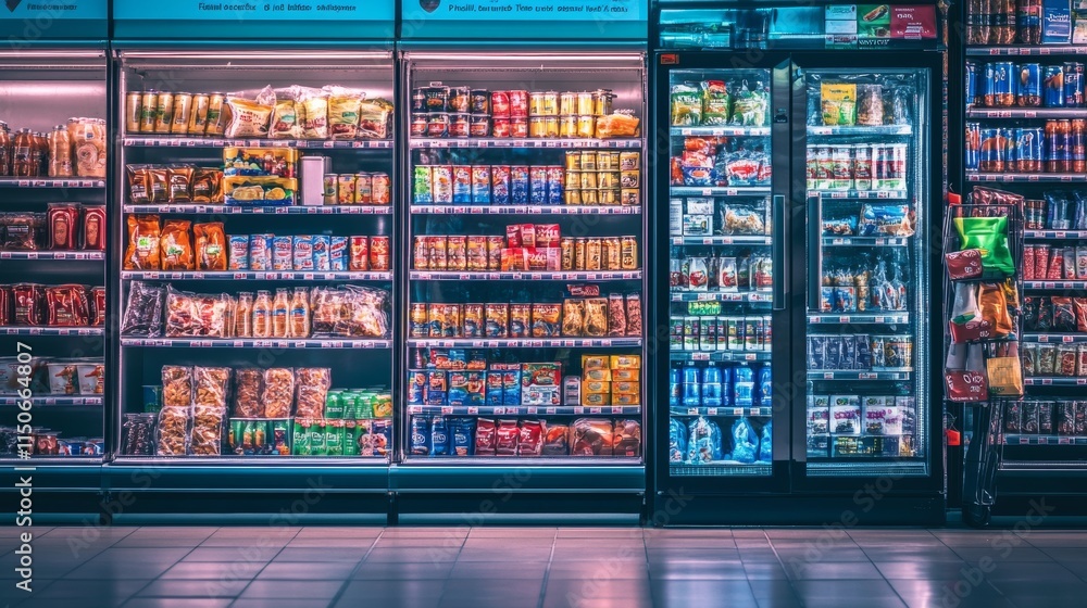 Supermarket aisle perspective view. Vector cartoon illustration of product shelves full of colorful cardboard boxes and food packages, bottles with beverages in refrigerator. Grocery store department Supermarket aisle perspective view. Vector cartoon illustration of product shelves full of colorful cardboard boxes and food packages, bottles with beverages in refrigerator. Grocery store department