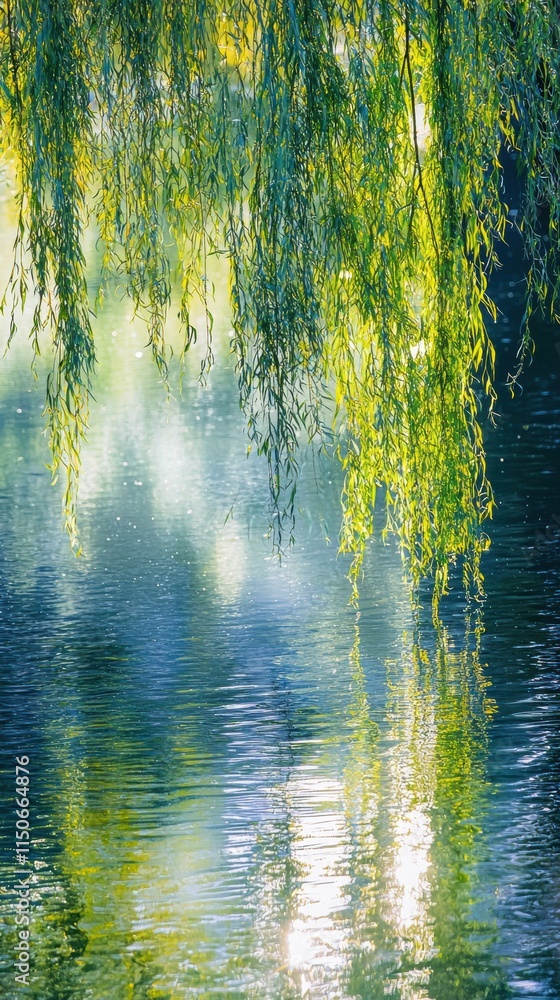 Peaceful pond with weeping willows and sunlight reflections Peaceful pond with weeping willows and sunlight reflections