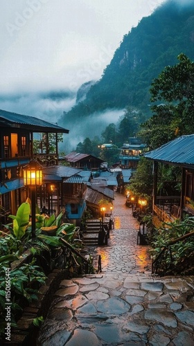 Serene mountain village with colorful houses and lanternlit gazebo photo