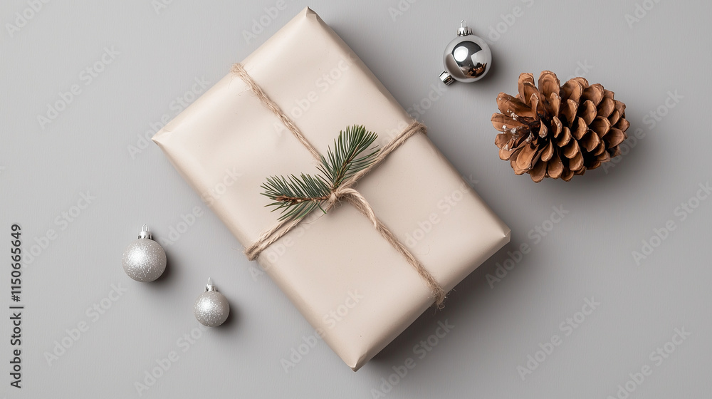 A modern Christmas flatlay with a minimalist approach, showcasing a wrapped gift in matte white paper, a pinecone, and a few delicate silver ornaments scattered on a light gray bac A modern Christmas flatlay with a minimalist approach, showcasing a wrapped gift in matte white paper, a pinecone, and a few delicate silver ornaments scattered on a light gray bac
