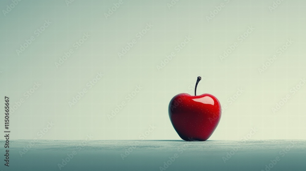 Obraz premium Glossy red apple on neutral gray background with soft lighting