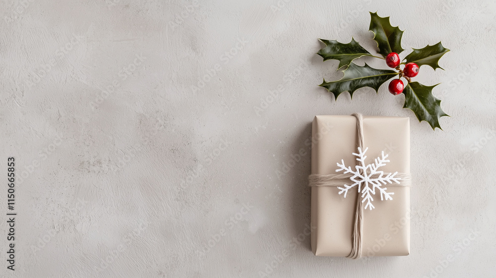 Fototapeta premium A minimalist Christmas flatlay featuring a small, wrapped gift in soft kraft paper, a sprig of holly, and a snowflake ornament, all arranged neatly on a pale gray surface with natu