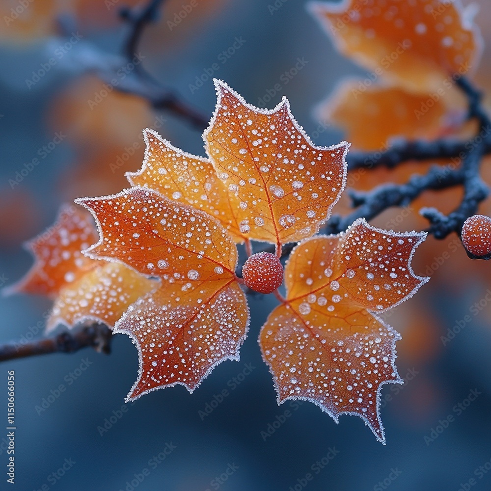 Hojas de otoño escarchadas con gotas de rocío y una pequeña baya roja en un fondo azul difuminado Hojas de otoño escarchadas con gotas de rocío y una pequeña baya roja en un fondo azul difuminado