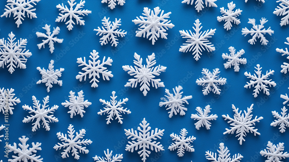Snowflake pattern on blue background, winter ice crystal wallpaper design, festive geometric snowflakes for holiday invitation or greeting card, frozen seasonal decoration with white flakes. Snowflake pattern on blue background, winter ice crystal wallpaper design, festive geometric snowflakes for holiday invitation or greeting card, frozen seasonal decoration with white flakes.
