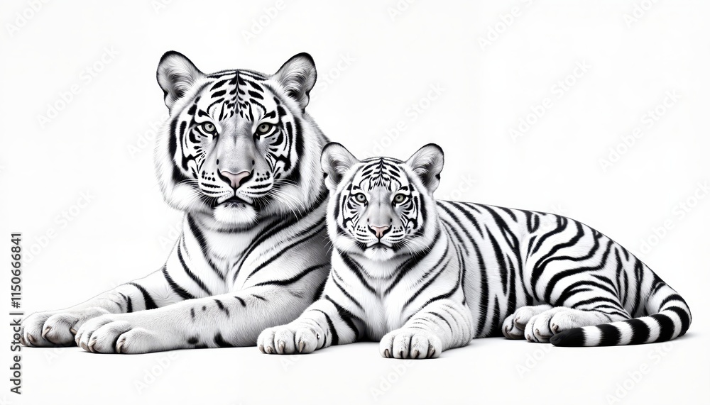 Fototapeta premium A tiger lying with a tiger cub, Tiger family sketch