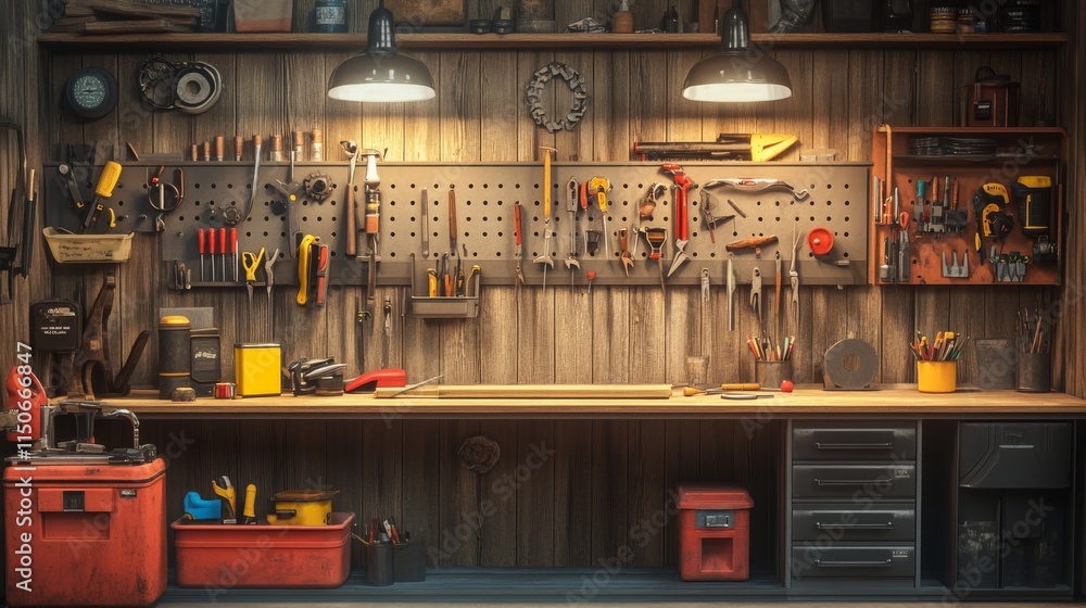 Obraz premium Garage interior with instruments, tools for carpentry and repair works. Empty workshop with mitre saw and toolbox on workbench. Screwdriver, pliers and hammer on wall board Cartoon vector illustration
