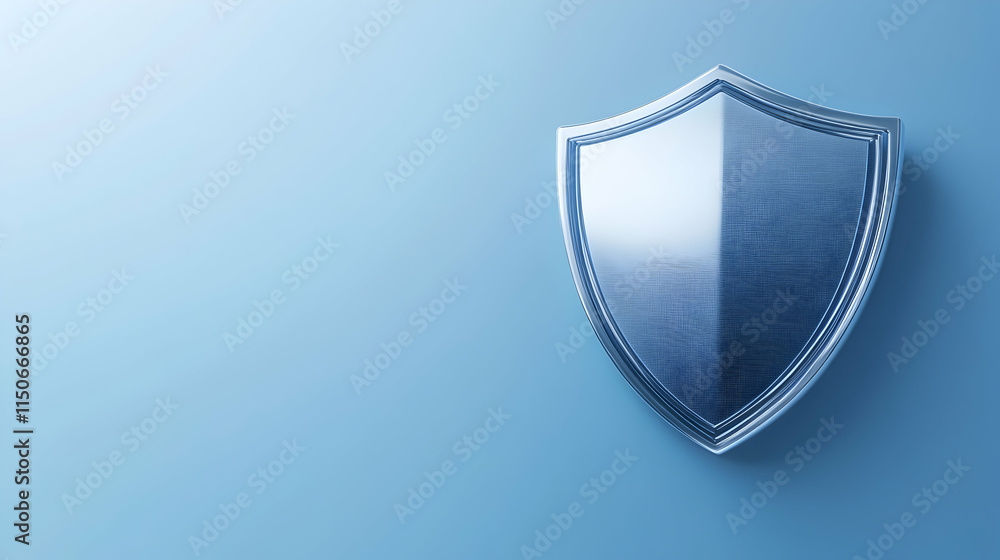 Metallic shield symbolizing protection and security on a blue background.