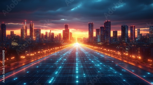 Futuristic Cityscape Highway Illuminated At Sunset