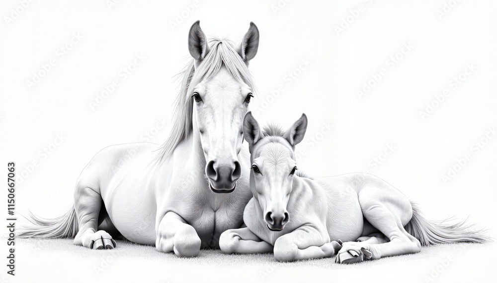 Fototapeta premium A horse lying with a foal, Horse family sketch