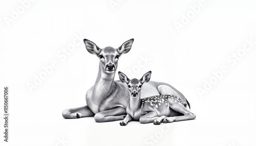 A deer lying with a fawn, Deer family sketch