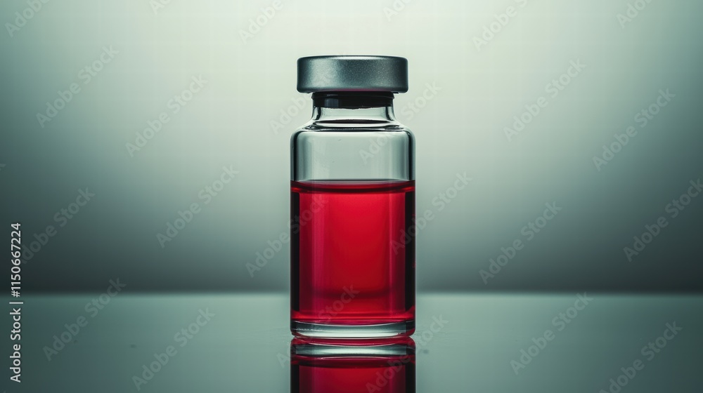 Vibrant red liquid in glass vial on reflective white surface Vibrant red liquid in glass vial on reflective white surface