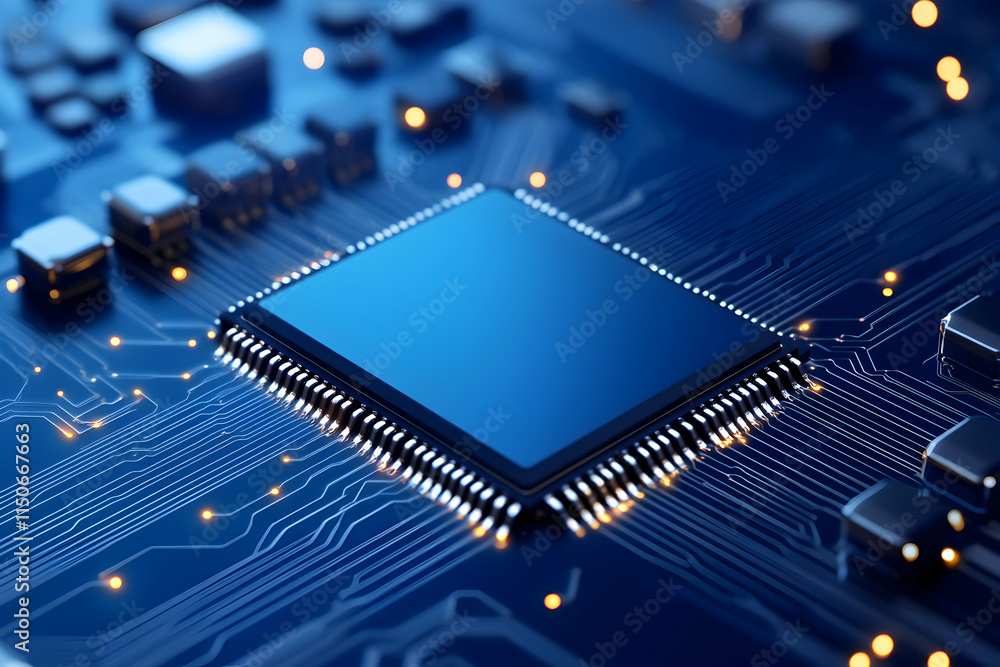 Close-up view of a microchip on a circuit board with intricate patterns and glowing lights. Close-up view of a microchip on a circuit board with intricate patterns and glowing lights.