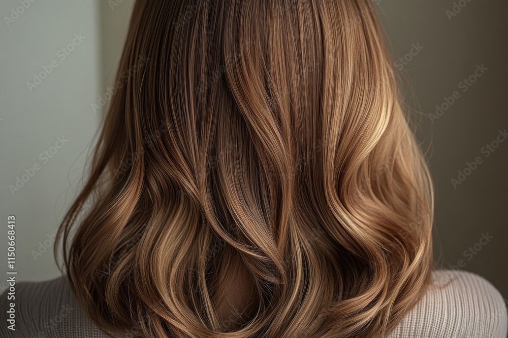 Fototapeta premium Beautiful wavy brunette hair showcasing natural highlights in an indoor setting during daylight hours. Generative AI