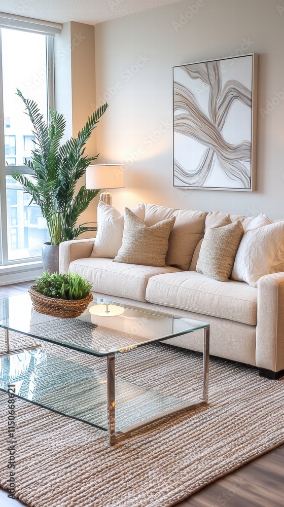 Chic openplan living room with neutral tones and bold art Chic openplan living room with neutral tones and bold art