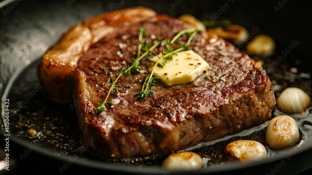 Juicy Steak Cooking in Cast Iron Skillet with Garlic and Herbs Juicy Steak Cooking in Cast Iron Skillet with Garlic and Herbs