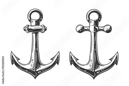 Set of vintage anchors isolated on white background. Engraved retro anchor with rope. Vector illustration