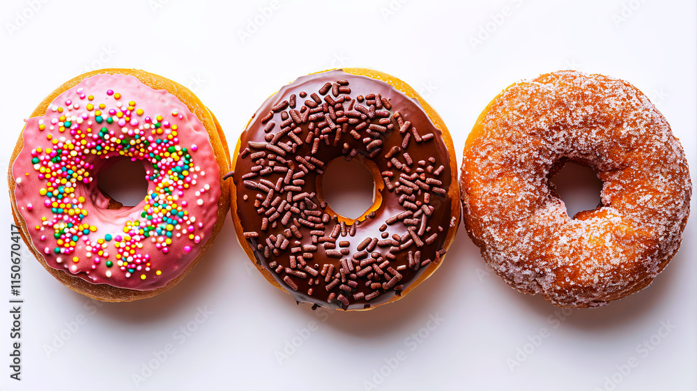 Three sweet glazed donuts with sprinkles on white background Three sweet glazed donuts with sprinkles on white background