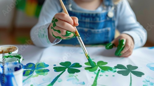 Young child painting green shamrocks with watercolors during Saint Patrick’s Day activity