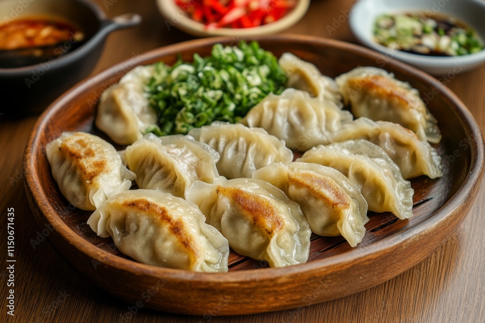 Aromatic Steamed Dumplings on a Wooden Plate Aromatic Steamed Dumplings on a Wooden Plate
