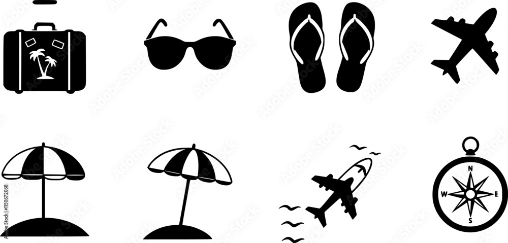 summer travel icon set. holiday tour icons for app and website containing hotel sun camp mountain drink plane island. transparent png and vector.
