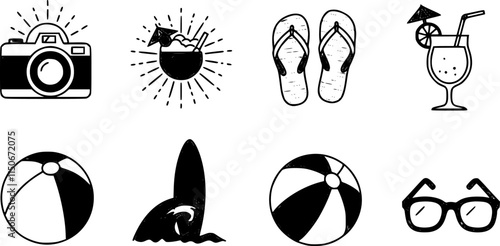 summer travel icon set. holiday tour icons for app and website containing hotel sun camp mountain drink plane island. transparent png and vector.
