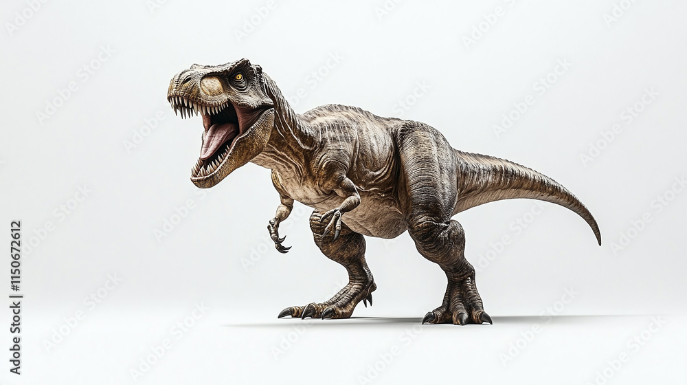 Roaring tyrannosaurus rex or t-rex dinosaur side view portrait full body length isolated on white background. monster predator reptile, scary big raptor teeth, angry dangerous giant lizard. Roaring tyrannosaurus rex or t-rex dinosaur side view portrait full body length isolated on white background. monster predator reptile, scary big raptor teeth, angry dangerous giant lizard.