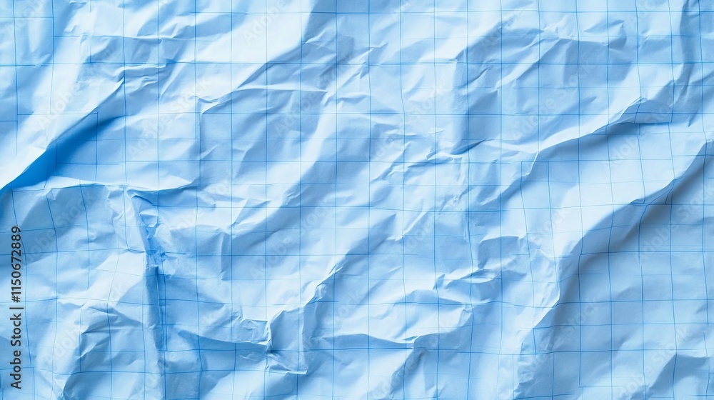 Obraz premium Crumpled blue checkered paper texture realisric vector illustration. White blank notebook sheet with grid, wrinkle and crease effect, note page mock up, educational template