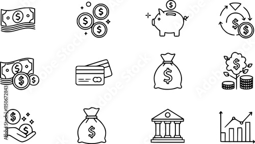 money icon set. containing cash, saving, wallet, transfer, withdraw icons. finance symbol for app, ui, website and design element. transparent png and vector illustration