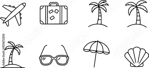 summer travel icon set. holiday tour icons for app and website containing hotel sun camp mountain drink plane island. transparent png and vector.
