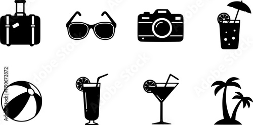 summer travel icon set. holiday tour icons for app and website containing hotel sun camp mountain drink plane island. transparent png and vector.
