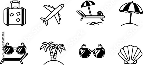 summer travel icon set. holiday tour icons for app and website containing hotel sun camp mountain drink plane island. transparent png and vector.
