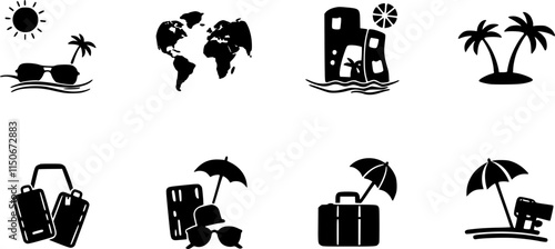 summer travel icon set. holiday tour icons for app and website containing hotel sun camp mountain drink plane island. transparent png and vector.
