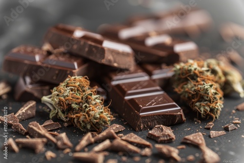 Sweet and earthy combination of dark chocolate and cannabis with broken pieces scattered on a dark surface. Generative AI