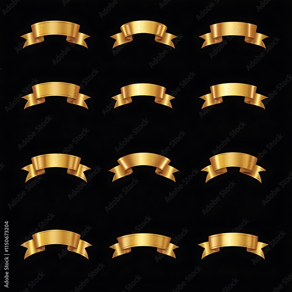 Set of gold ribbons on a black background