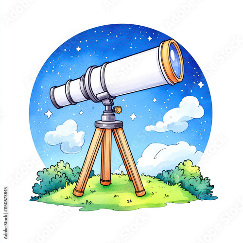 colorful telescope set against starry night sky, surrounded by clouds and greenery, evokes sense of wonder and exploration