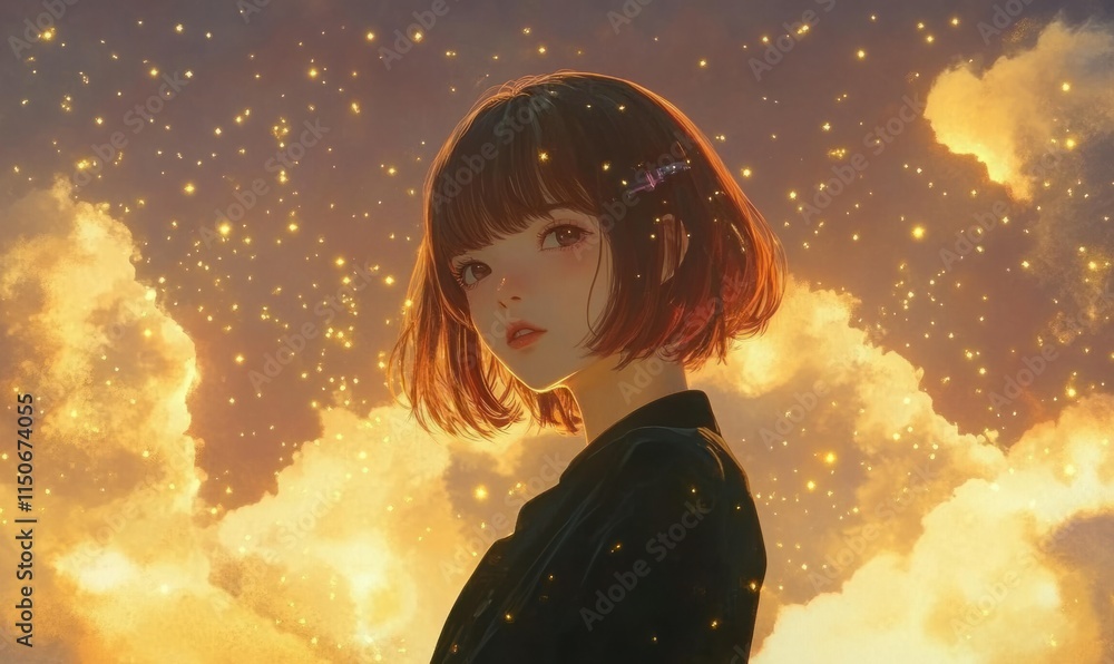 Dreamy Anime Girl in Glowing Skies