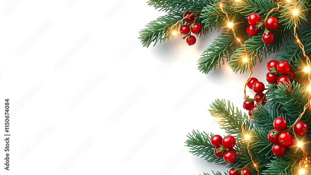 Border with green fir branches, red balls, berries, gold lights and stars isolated on transparent background. Pine, xmas evergreen plants seamless banner. Vector Christmas tree garland decoration Border with green fir branches, red balls, berries, gold lights and stars isolated on transparent background. Pine, xmas evergreen plants seamless banner. Vector Christmas tree garland decoration